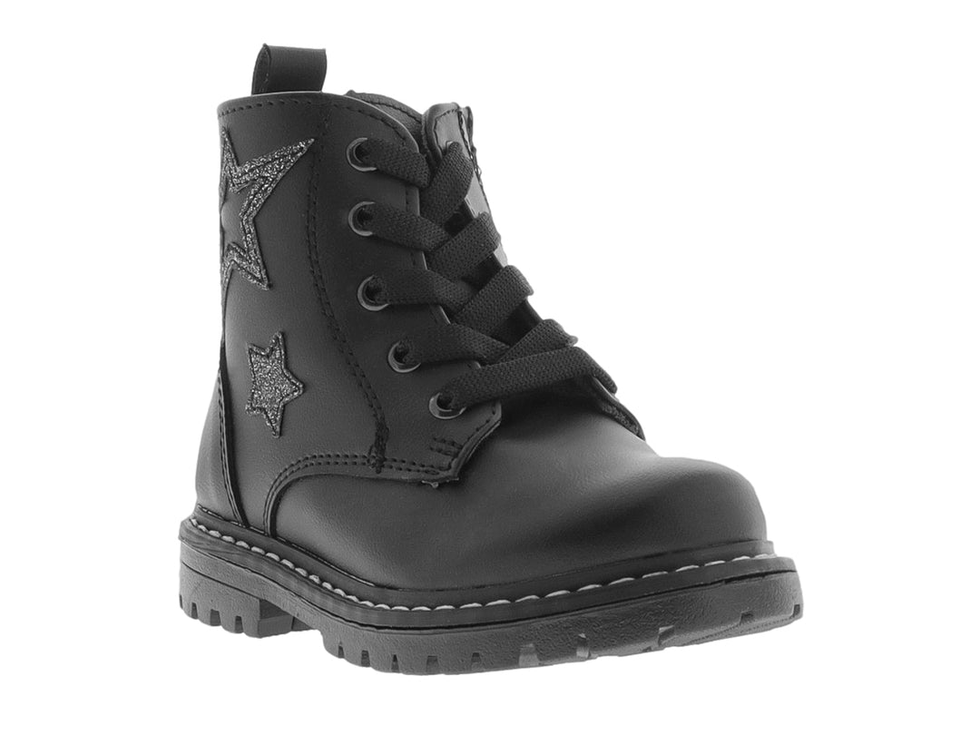 Botas negras para niño o niña con detalles de estrellas brillantes en el lateral y suela gruesa.