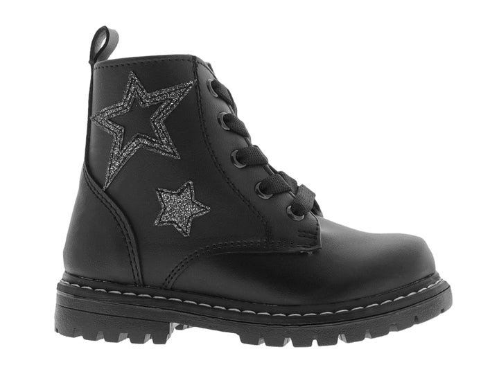 Botas negras para niño o niña con detalles de estrellas brillantes en el lateral y suela gruesa.