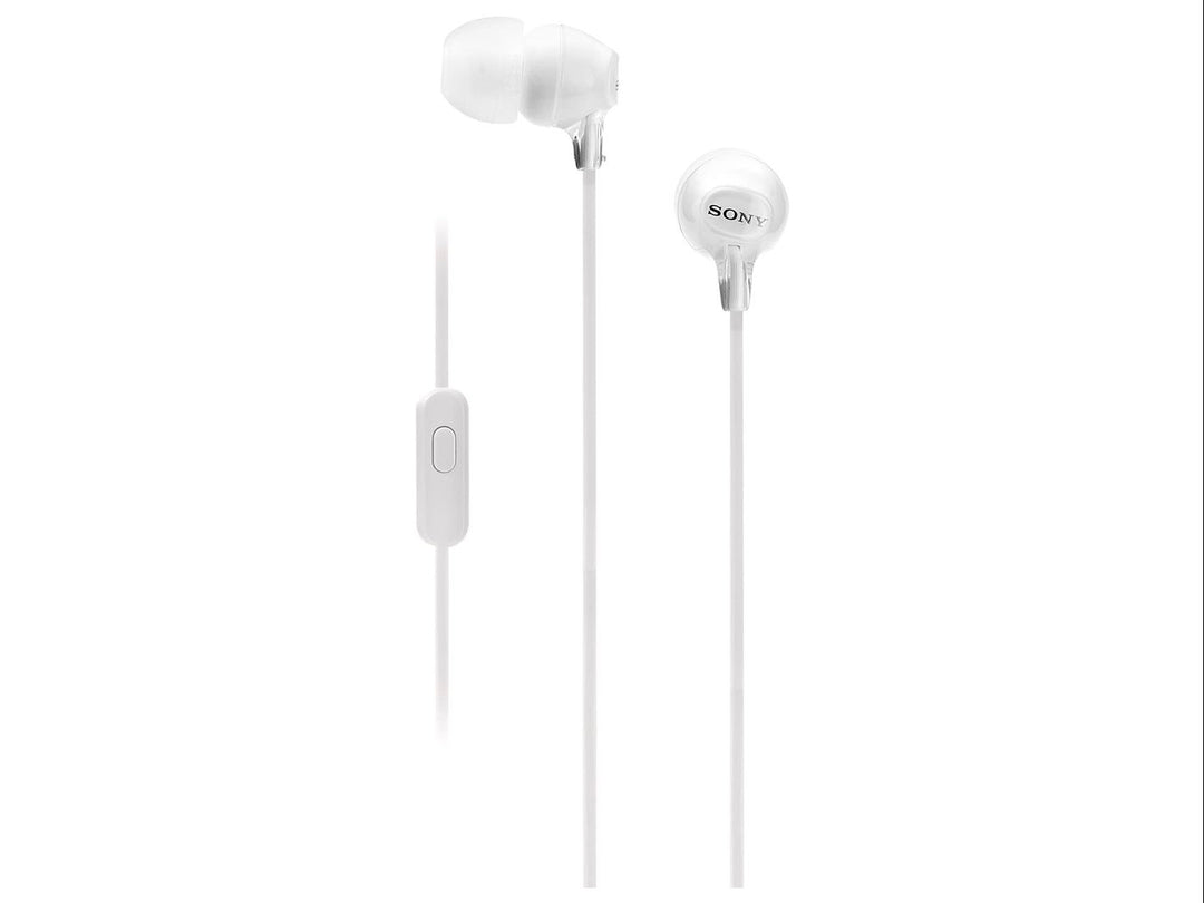 Audífonos Sony MDR EX15 de color blanco con cable y control integrado sobre fondo blanco.