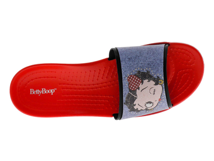 Sandalia infantil de color rojo con banda azul marino decorada con un personaje animado.