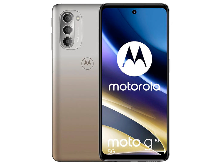 Teléfono Motorola Moto G51 color dorado con vista frontal de pantalla y vista posterior de cámaras.