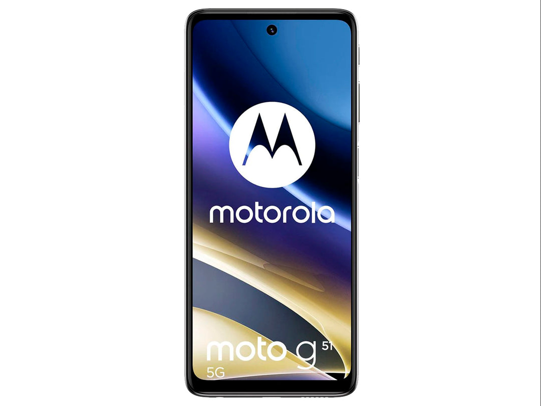 Teléfono Motorola Moto G51 color dorado con vista frontal de pantalla y vista posterior de cámaras.
