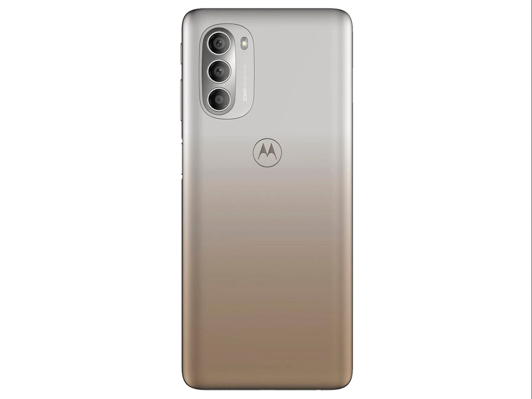Teléfono Motorola Moto G51 color dorado con vista frontal de pantalla y vista posterior de cámaras.