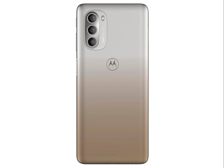 Teléfono Motorola Moto G51 color dorado con vista frontal de pantalla y vista posterior de cámaras.