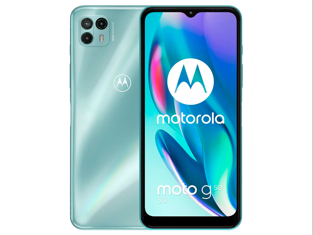Teléfono inteligente Motorola Moto G50 en color verde, vista frontal y posterior sobre fondo blanco.