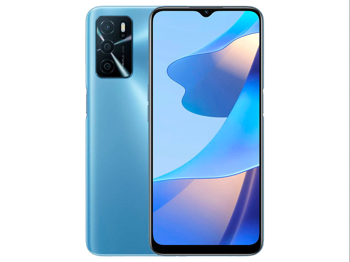 Teléfono inteligente OPPO color azul con pantalla frontal y vista posterior que muestra el módulo de tres cámaras.