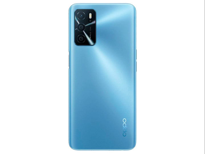 Teléfono inteligente OPPO color azul con pantalla frontal y vista posterior que muestra el módulo de tres cámaras.