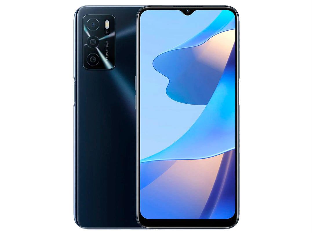 Teléfono inteligente OPPO color negro con pantalla frontal y vista posterior que muestra el módulo de tres cámaras.