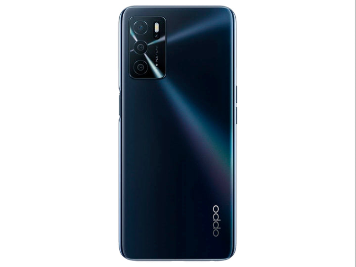 Teléfono inteligente OPPO color negro con pantalla frontal y vista posterior que muestra el módulo de tres cámaras.