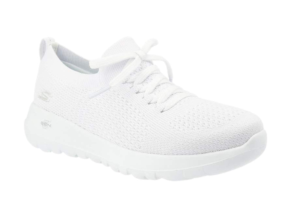Tenis deportivos Skechers para mujer en color blanco con tejido transpirable y cordones.