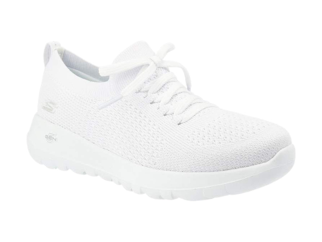 Tenis deportivos Skechers para mujer en color blanco con tejido transpirable y cordones.
