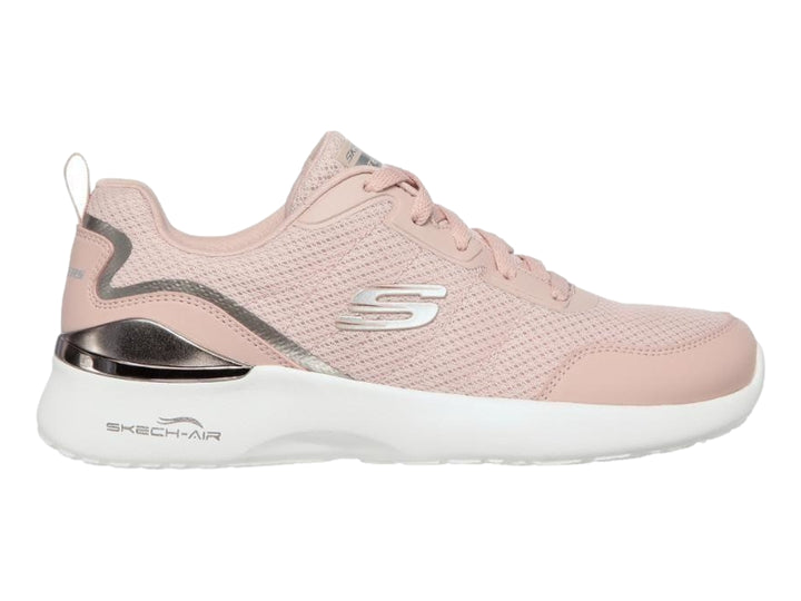 Tenis deportivos Skechers para mujer en color rosa con detalles plateados y suela blanca.