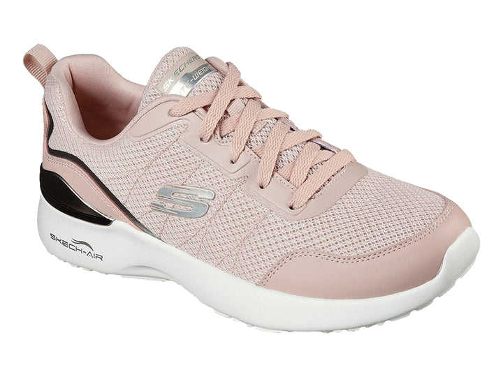 Tenis deportivos Skechers para mujer en color rosa con detalles plateados y suela blanca.