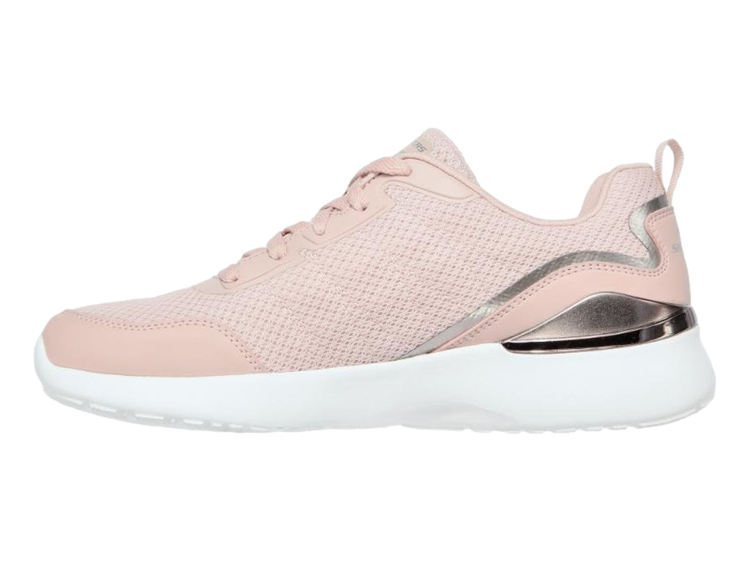 Tenis deportivos Skechers para mujer en color rosa con detalles plateados y suela blanca.