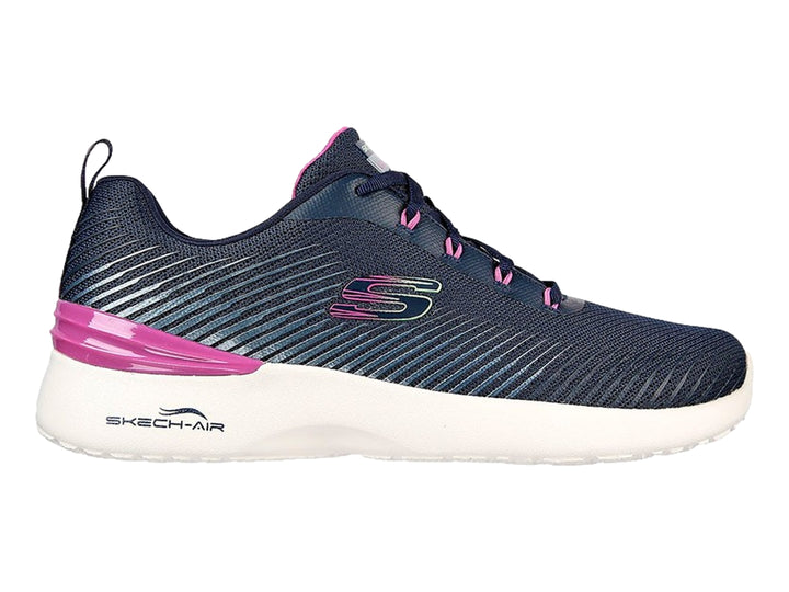 Tenis deportivos Skechers para mujer en color azul marino con detalles en rosa y suela blanca.