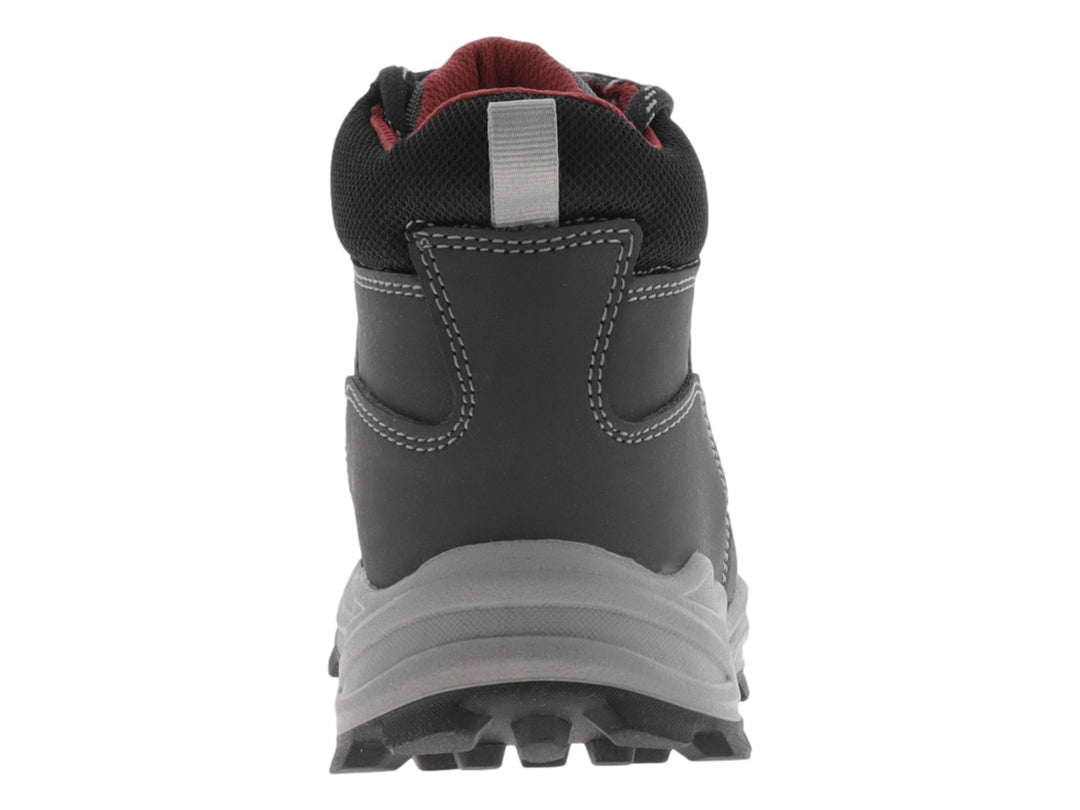 Botín infantil color gris con suela robusta y cordones, estilo senderismo.