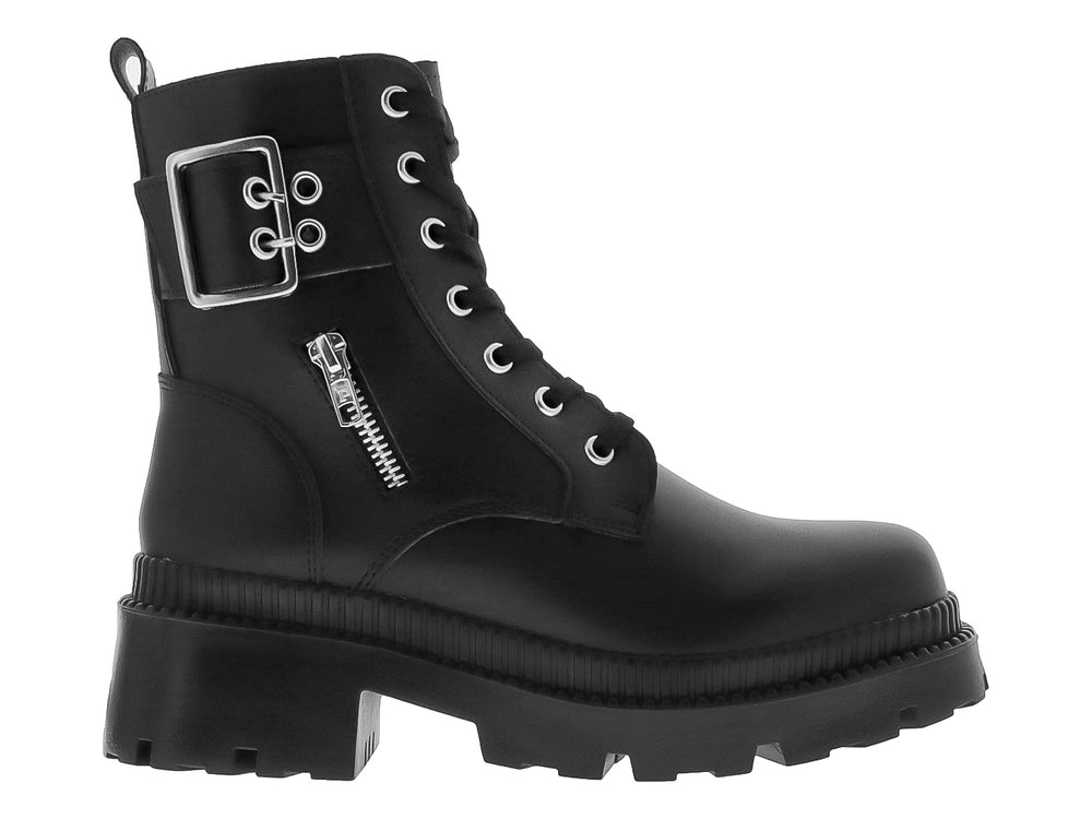 Bota negra de plataforma para mujer con cordones, cierre lateral y detalle de hebilla en la parte posterior.