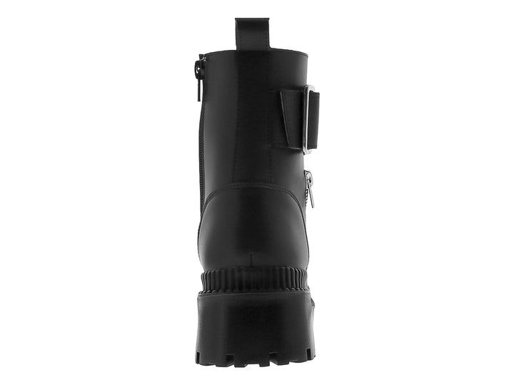 Bota negra de plataforma para mujer con cordones, cierre lateral y detalle de hebilla en la parte posterior.
