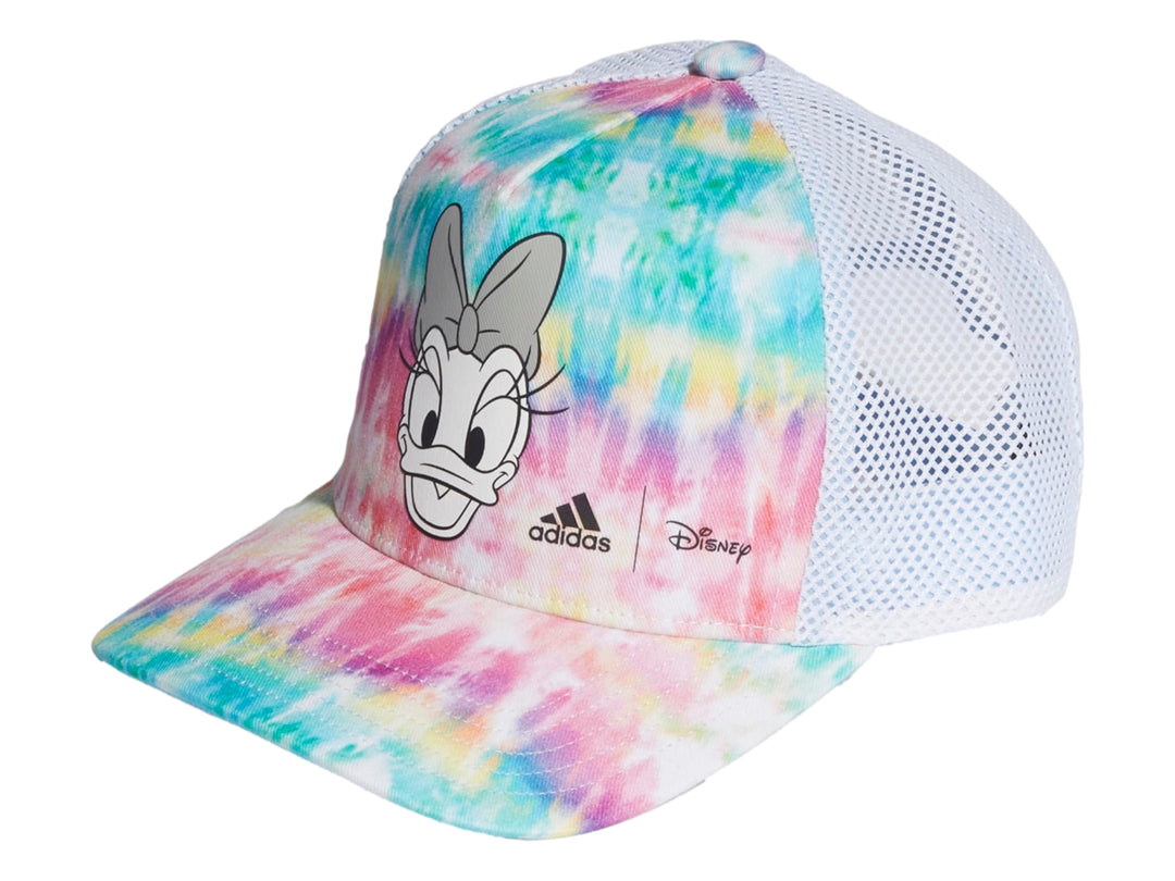 Gorra Adidas multicolor con estampado tie-dye, malla blanca trasera y personaje de Daisy Duck en el frente.