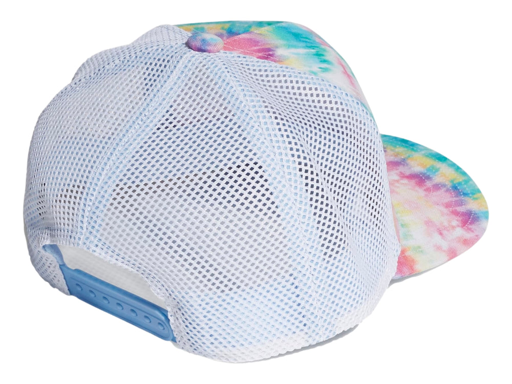 Gorra Adidas multicolor con estampado tie-dye, malla blanca trasera y personaje de Daisy Duck en el frente.