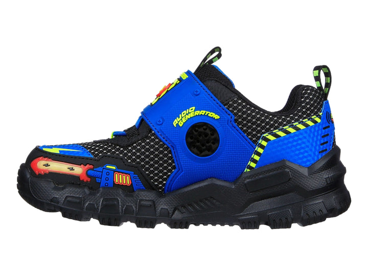 Tenis deportivos SKECHERS para niño en color negro y azul con detalles en amarillo lima y naranja.
