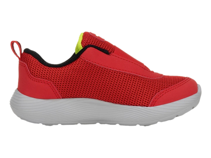 Tenis deportivos Skechers para niño en color rojo con suela blanca y detalles en negro y amarillo.