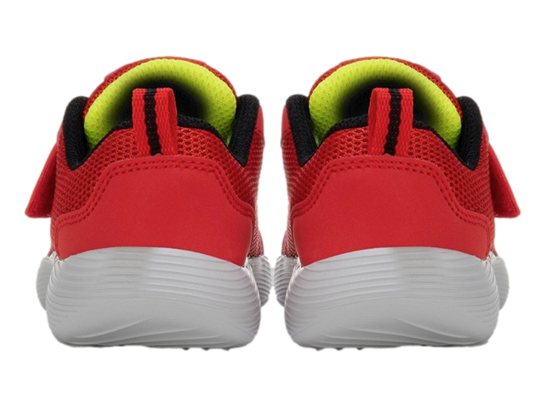 Tenis deportivos Skechers para niño en color rojo con suela blanca y detalles en negro y amarillo.