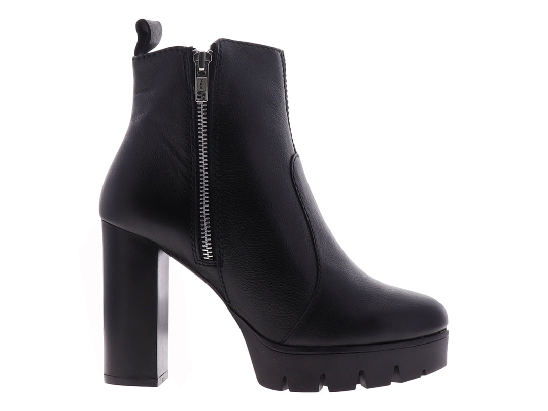 Bota negra de tacón alto y plataforma con cierre lateral para mujer.