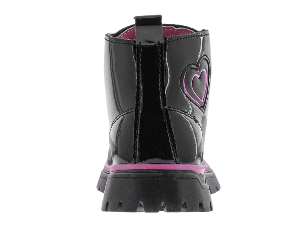 Bota negra de charol con detalles en rosa y suela track.