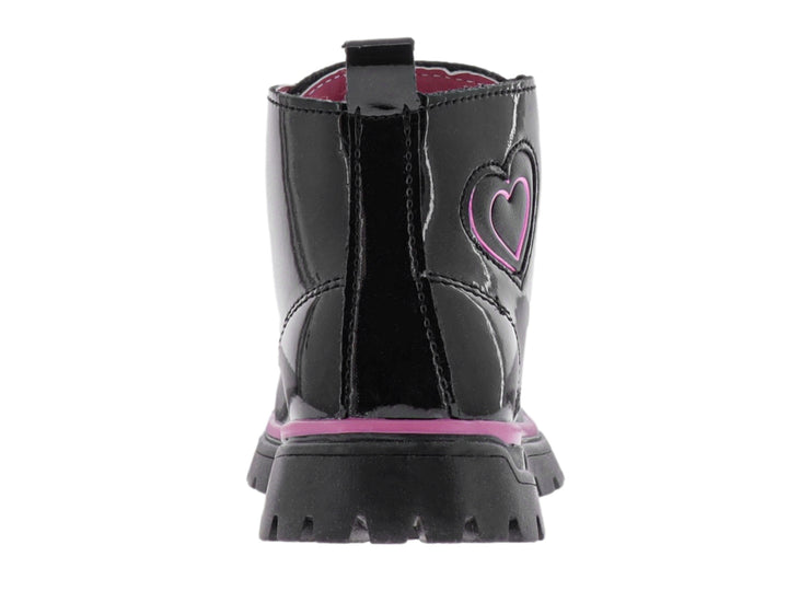 Bota negra de charol con detalles en rosa y suela track.