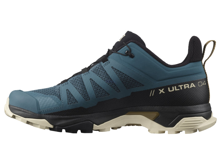 Zapato deportivo Salomon X Ultra 4 en color azul mallard, negro y beige para senderismo.
