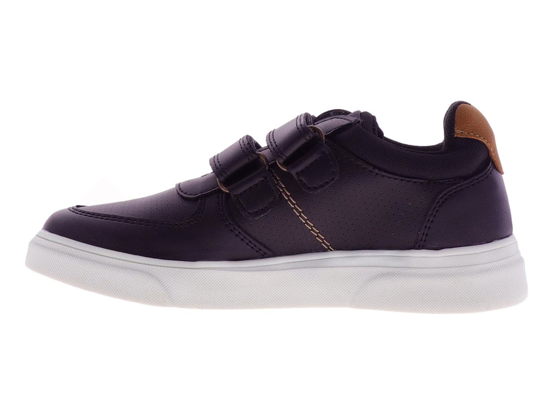 Tenis para niño color azul marino con suela blanca y cierre de velcro.