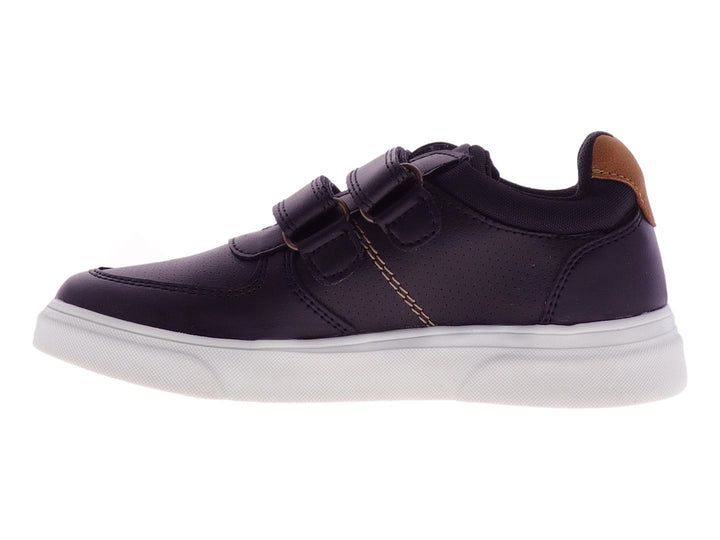 Tenis para niño color azul marino con suela blanca y cierre de velcro.