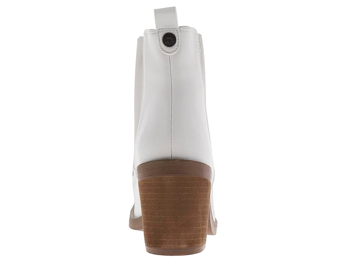 Botín blanco para mujer con tacón grueso color café y panel elástico lateral.