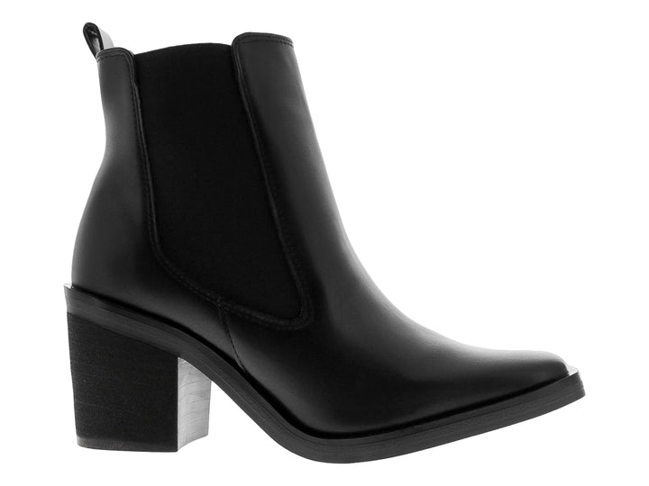 Botín negro para mujer con tacón cuadrado y panel elástico lateral.
