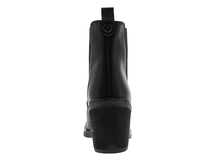 Botín negro para mujer con tacón cuadrado y panel elástico lateral.