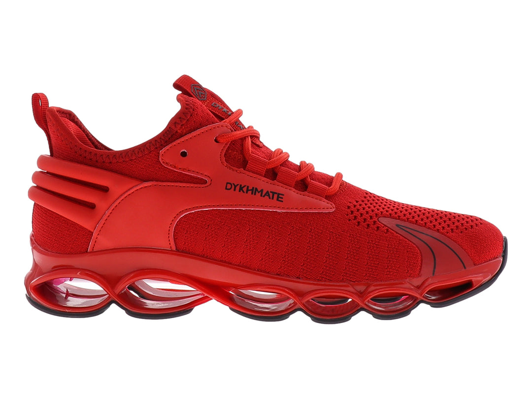 Tenis de baloncesto marca DYKHMATE en color rojo con suela negra y diseño ergonómico.