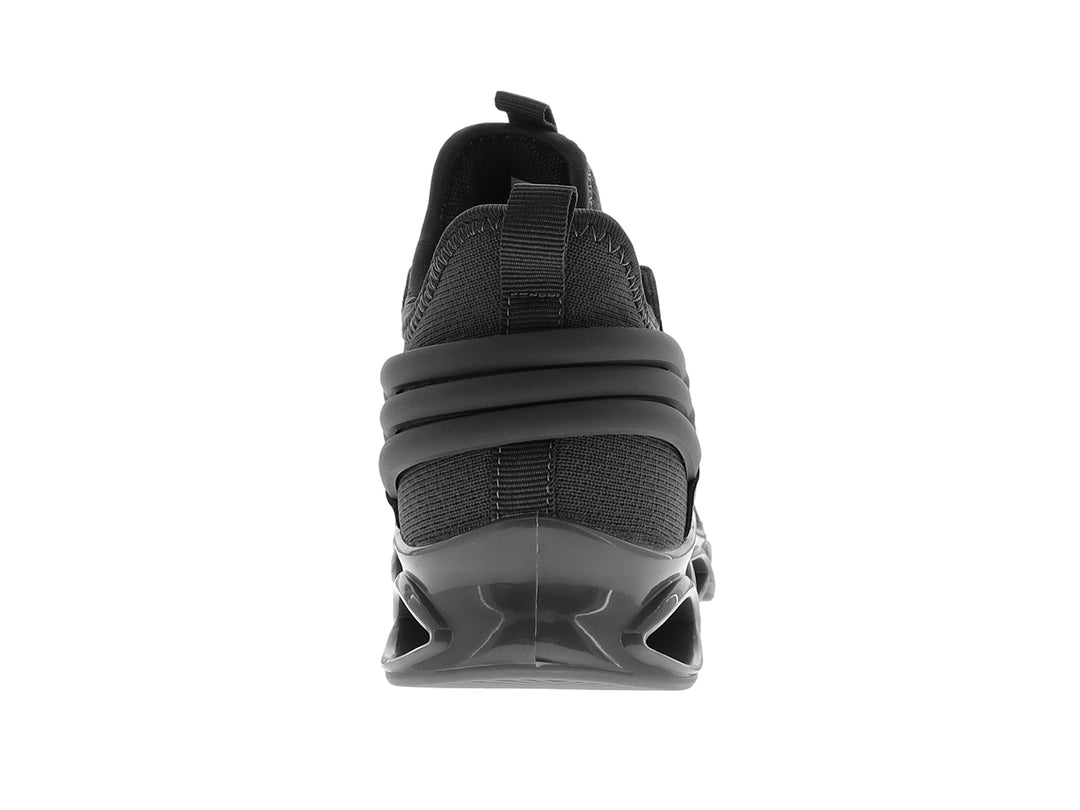 Tenis de baloncesto DYKHMATE en color gris oscuro con suela innovadora de círculos huecos y parte superior de tela.