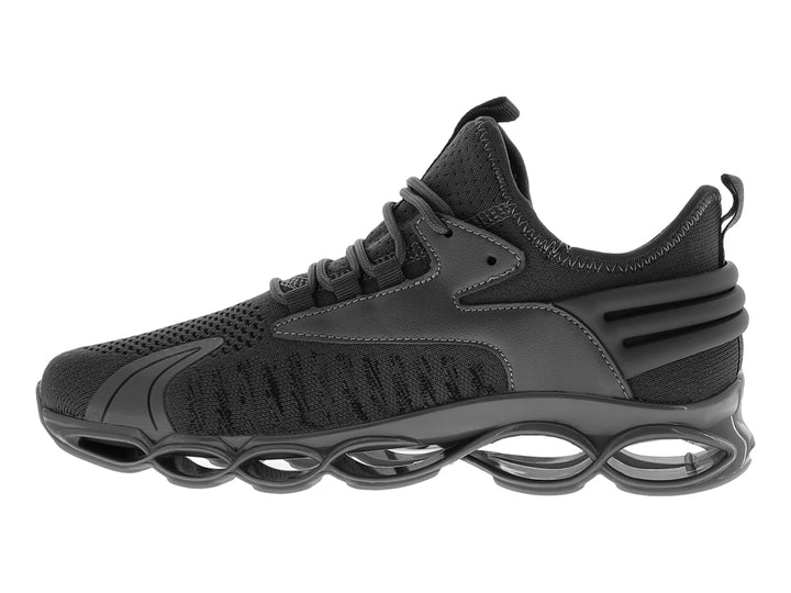 Tenis de baloncesto DYKHMATE en color gris oscuro con suela innovadora de círculos huecos y parte superior de tela.