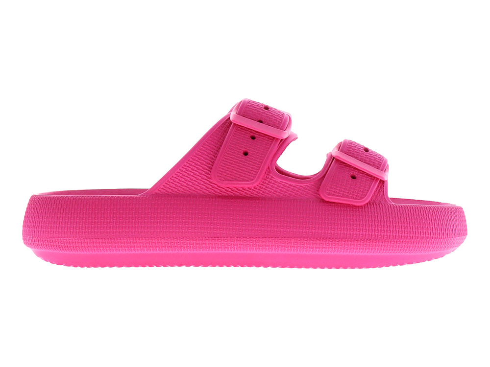 Sandalia infantil de color fucsia con dos correas ajustables y hebillas, fabricada en material sintético texturizado.