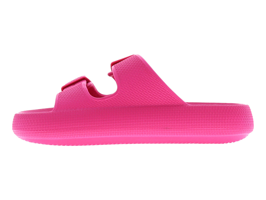 Sandalia infantil de color fucsia con dos correas ajustables y hebillas, fabricada en material sintético texturizado.