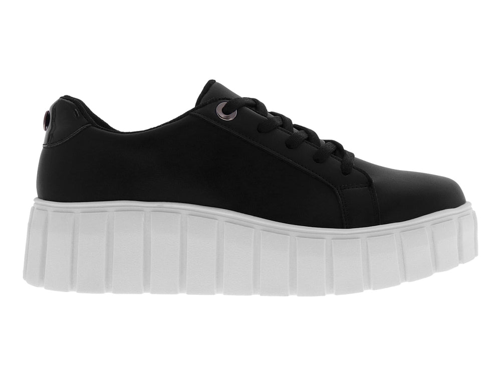 Tenis casuales para mujer en color negro con suela de plataforma blanca y gruesa.