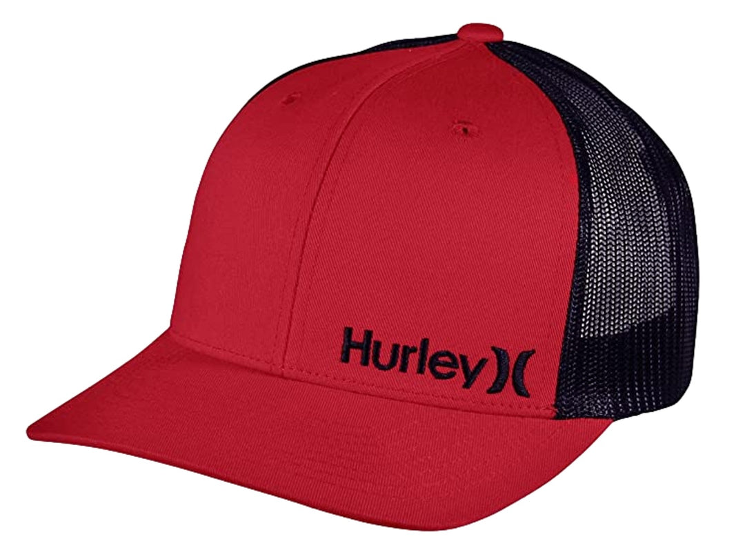 Gorra Hurley modelo trucker en color rojo con malla posterior negra y logotipo bordado en el frente.