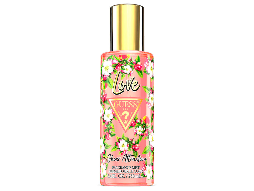 Bruma corporal Guess Sheer Attractions de 250 ml en botella rosa con diseño floral y tapa dorada.