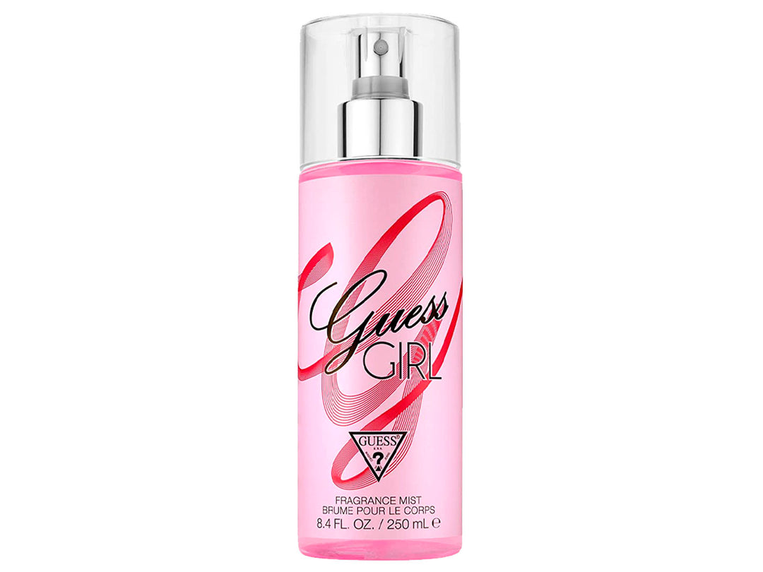 Botella cilíndrica de Body Mist Guess Girl en color rosa con tapa transparente y atomizador blanco.