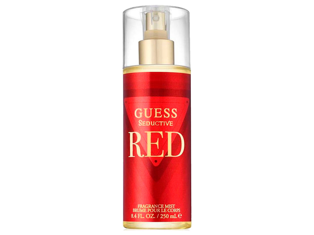 Bruma corporal Guess Seductive Red de 250 ml en frasco cilíndrico rojo con detalles dorados y tapa transparente.