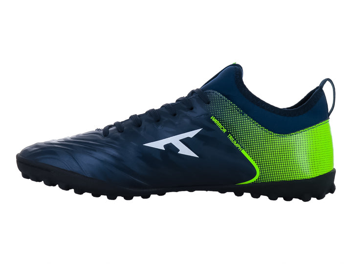 Zapato de fútbol Leon Trucco color marino con detalles en verde neón y suela para turf.
