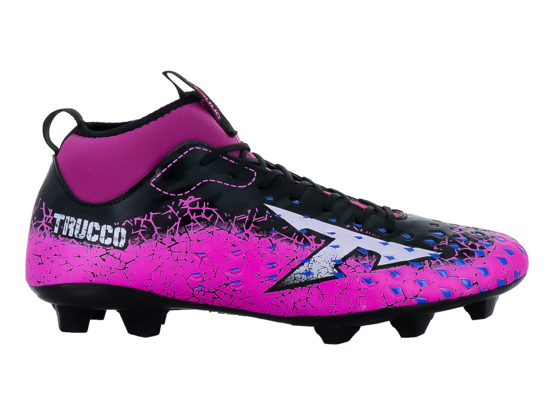 Zapato de fútbol Leon Trucco en colores negro y fucsia con detalles blancos y suela de tacos FG.