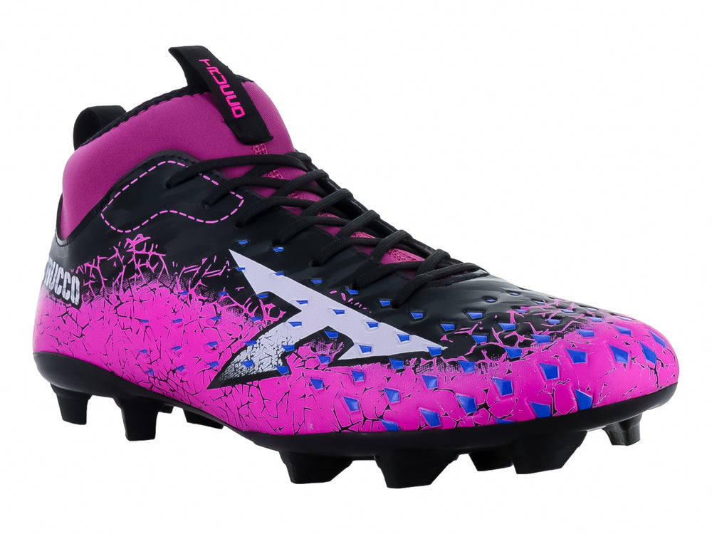 Zapato de fútbol Leon Trucco en colores negro y fucsia con detalles blancos y suela de tacos FG.