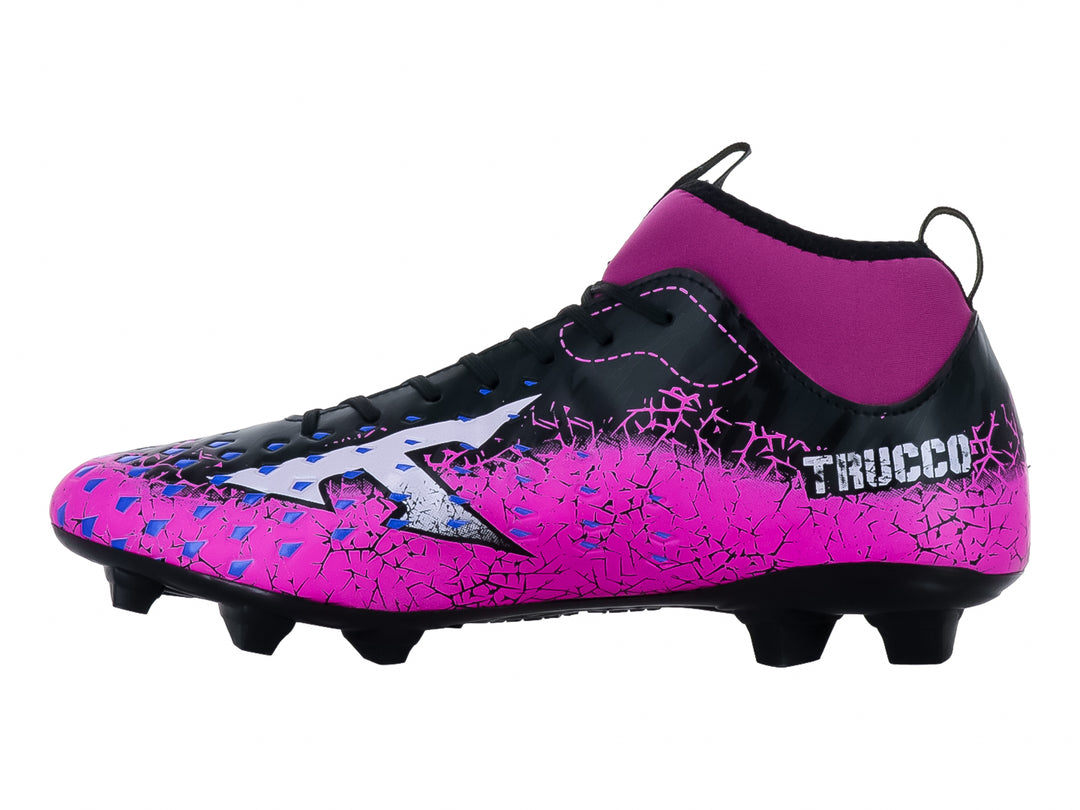Zapato de fútbol Leon Trucco en colores negro y fucsia con detalles blancos y suela de tacos FG.